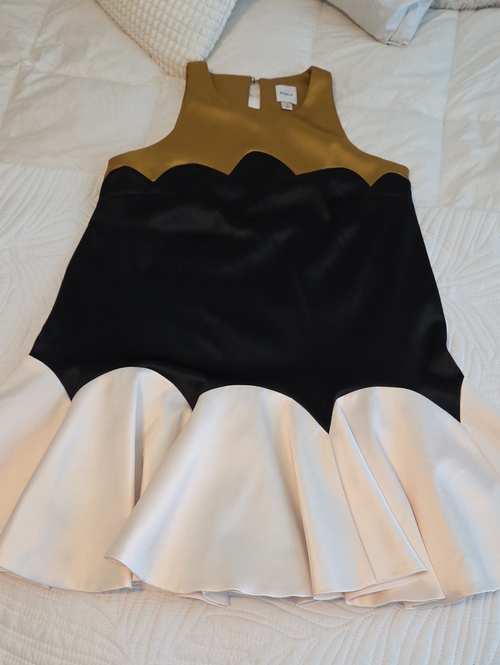 Maeve Colorblock Scalloped Mini Dress in Mustard, Black & Cream